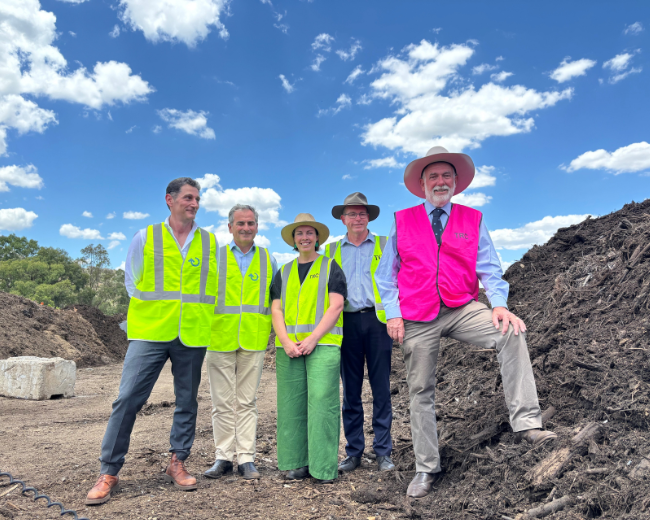 Organics Recycling Facility announcement - Max Bergomi OREZ, Philip Cardaci CFC, Naomi Schipanski TRC, Bruce Logan TRC, Mayor Russell Webb TRC